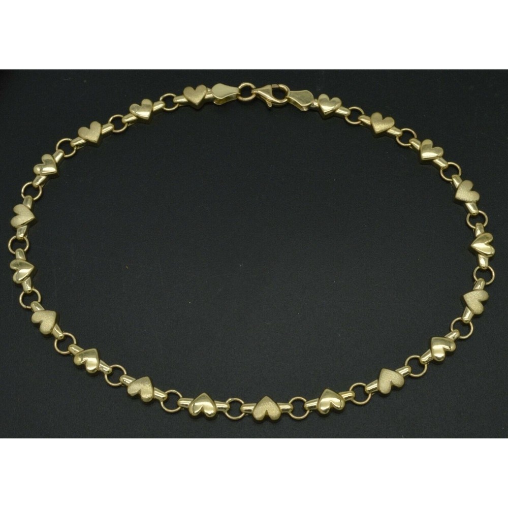 Real 14K Yellow Gold 5.3mm Puffed Heart Link Ankle Bracelet 9-10